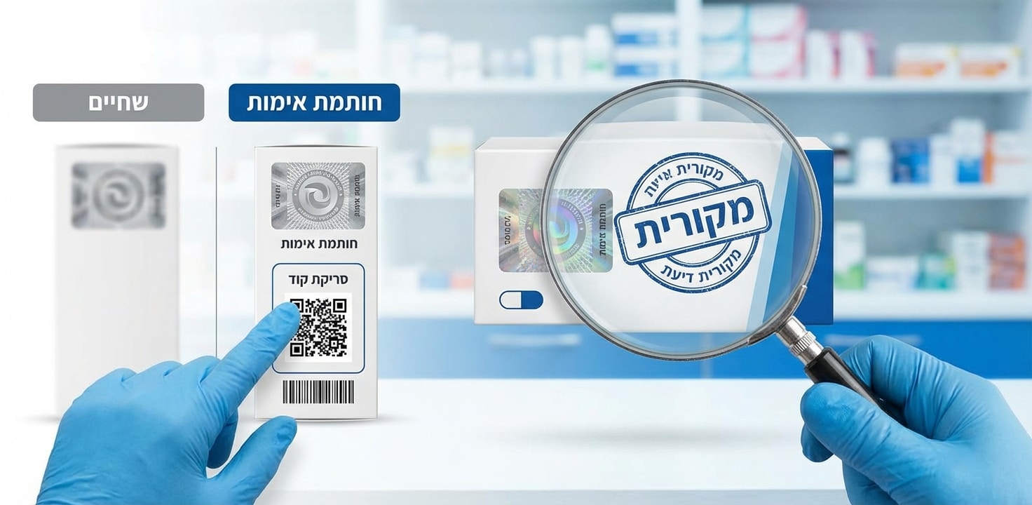 ידיים בכפפות מבצעות בדיקת אימות תרופה: יד אחת סורקת קוד QR על אריזה, ויד שנייה מחזיקה זכוכית מגדלת מעל חותמת הולוגרפית עם הכיתוב 'מקורית' בבית מרקחת.