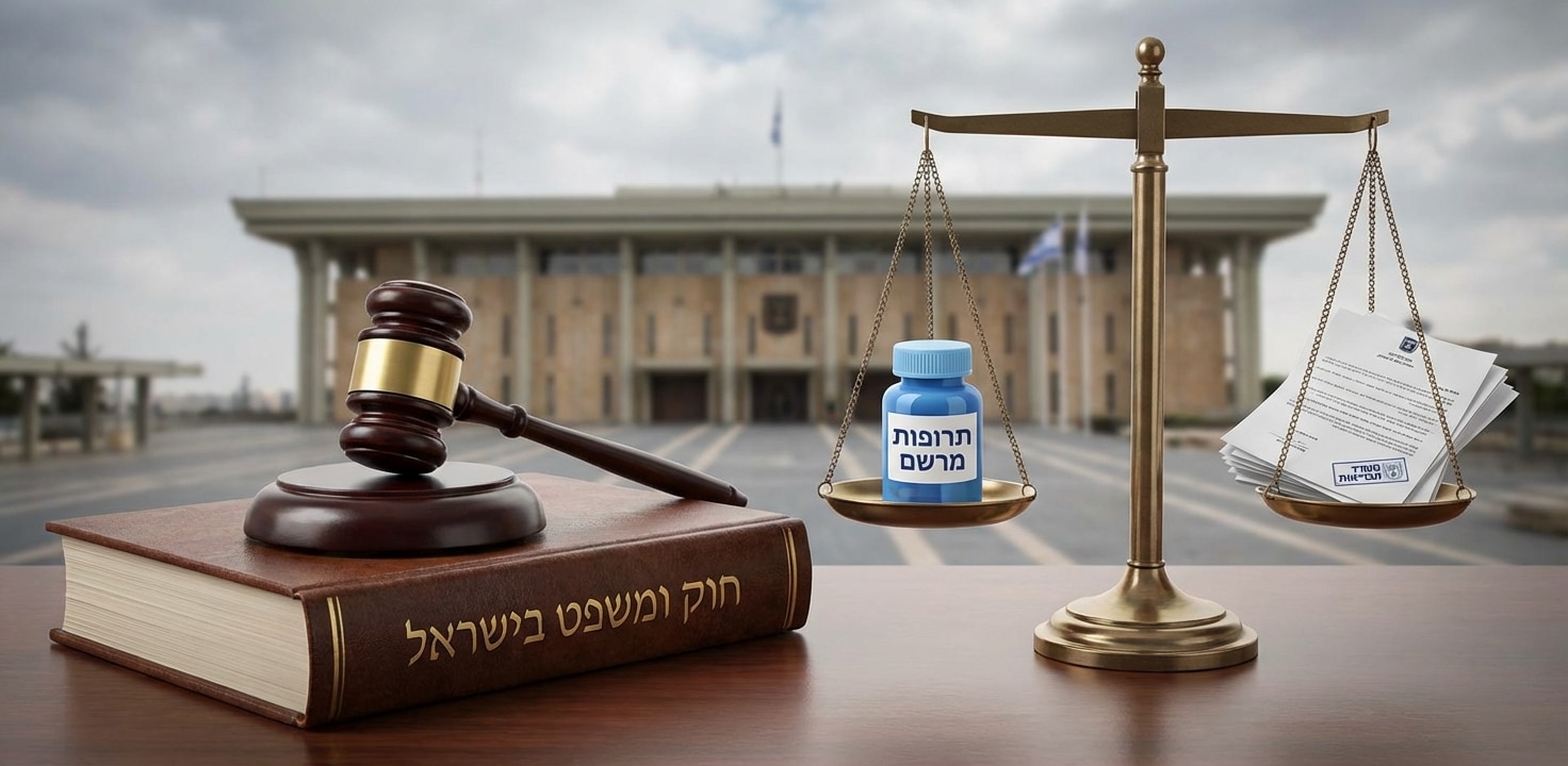 פטיש שופטים, ספר "חוק ומשפט בישראל", ומאזני צדק השוקלים בקבוק תרופות מרשם מול מסמכים משפטיים, על רקע בניין הכנסת בירושלים.