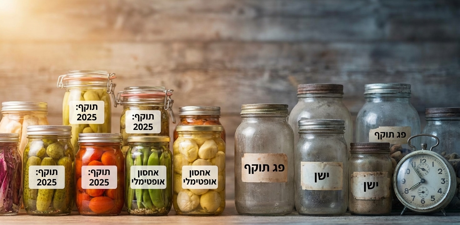 צנצנות שימורים חדשות עם תאריך תוקף 2025 ואחסון אופטימלי לעומת צנצנות ישנות ופגות תוקף עם שעון ישן